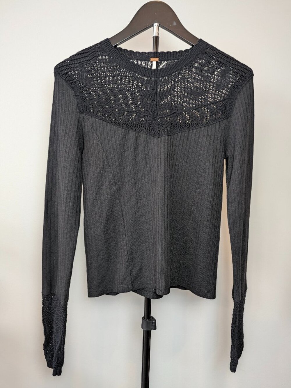 Free People Women's Size S Colette Top with Pointelle Detail Black Whimsical